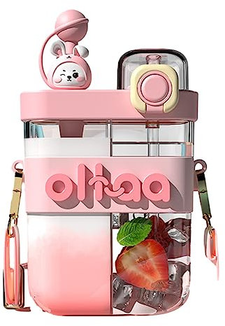 LYEAA Taza de agua con pajita, doble boquilla, botella de agua Kawaii, botella de agua de dibujos animados de gran capacidad con correa para viajes, trabajo, deporte
