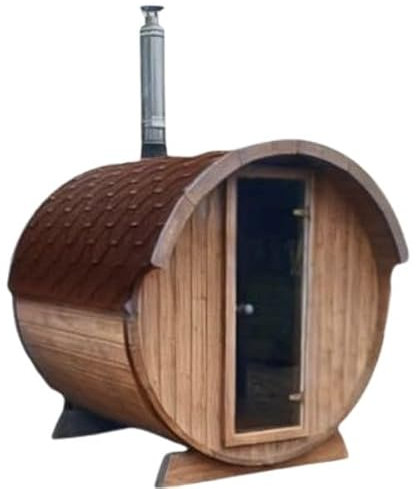 Tonneau Sauna d'extérieur en kit chaudière au bois COMPRISE, épicéa thermo- traité, 2 à 4 personnes 2,20m x diam 1,96m / hauteur 2,15m shingle rouge