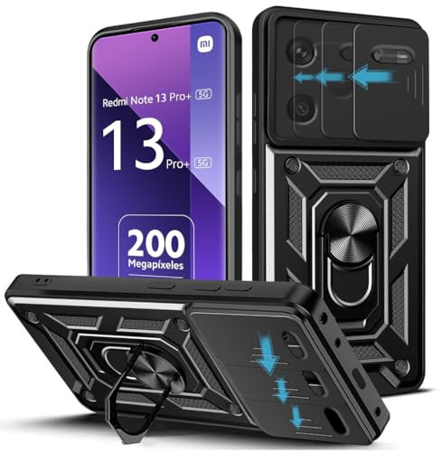 Loyhee Hülle für Xiaomi Redmi Note 13 Pro Plus 5G (6.67), Kameraschutz Handyhülle mit 360 Grad Ring Ständer Weich TPU Bumper Stoßfest + Hart PC Rückseite Kratzfest Tough Armor Schutzhülle - Schwarz