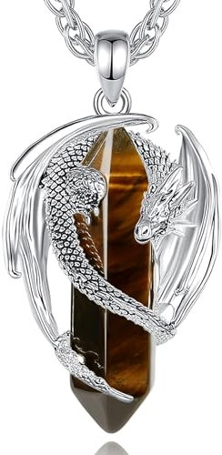 AEONSLOVE Tigerauge Kette Herren Wikinger Drachen Halskette Damen Tigerauge Stein Anhänger Männer Kristall Kette Naturstein Edelstein Heilsteine Schmuck