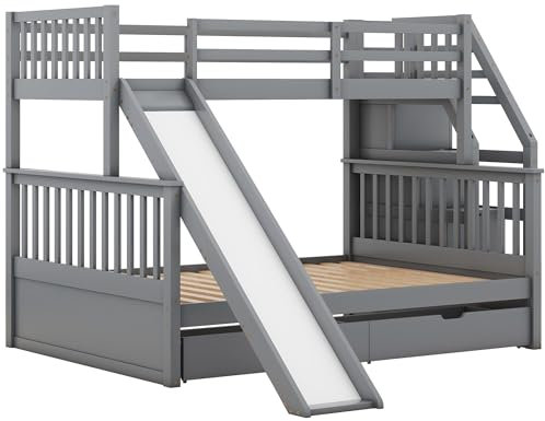 kubeier 90 x 200 über 140 x 200 Etagenbett mit Schubladen, Stauraum und Rutsche, multifunktional Doppelbett Hausbett, KinderzimmerRahmen aus massivem Kiefernholz, Grau
