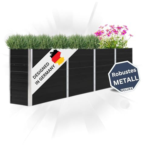 DELUKE Hochbeet für Garten Oskar Anthrazit | 320x40x77cm | Verzinkter Stahl | Wetterfest | Gartenbeet Kräuterbeet Blumenbeet Beet hoch Frühbeet für Garten Gemüsebeet