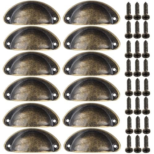 Beilala Cabinet Cup Pull Handles, 12 Pack Kitchen Shell Cupboard Handles, Vintage Furniture Door Hardware Knobs with Screws for Chest of Drawers Dresser Wardrobe, Bronze