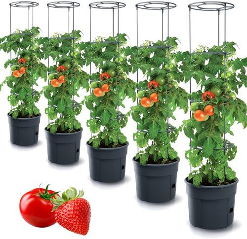 Tymar Tomatentopf, Tomatenkübel, Tomatenpflanze, Tomaten Balkon, mit Rankhilfe Rangitter, mit wasserspeicher (5 Stück, ø 35 cm)