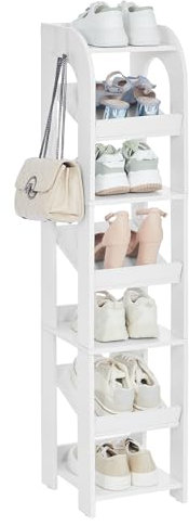 Hzuaneri Vertical Shoe Rack, 7 Tier Narrow Shoe Rack for Small Space, Freestanding Closet Wooden Shoes Organizer with Hooks, Adjustable Shoes Tower for Entryway, Living Room, Bedroom, White SR12303X