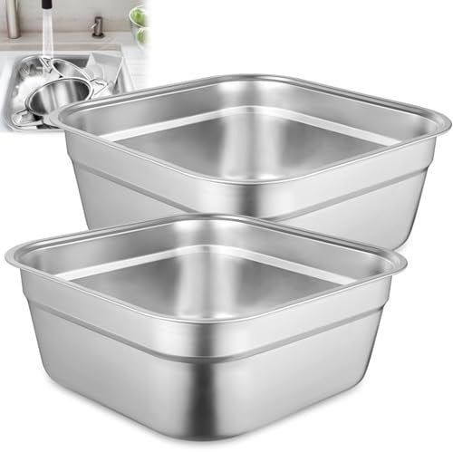 yeesport 2 Pcs Washing Up Bowls, Multi-Purpose Stainless Steel Dish Tubs for Sink, Large Square Containers for Kitchen, Vegetable Washing Basins, Sturdy Dishpans for Home