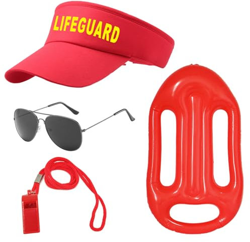 UILYNIU 4 Stück Lifeguard Fasching Kostüm Herren Damen, Lifeguard Visor Cap Sonnenbrille Sportpfeifen Boje Rettungsring, Bademeister Kostüm für Rettungsschwimmer Erwachsener Halloween Karneval (4PCS)
