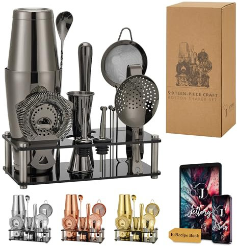 Jettory Ensemble Shaker Boston - Set 16 Pièces en Acier Inoxydable avec Base Acrylique, Passoire à Cocktail, Pince à Glace, Cuillère, Jigger, Pilon, Verseur & Picks Cocktail (Noir)