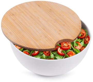 Avilia Salatschüssel mit Deckel aus Bambus 24,5 x 12,8 cm – Ideal zum Zubereiten und Aufbewahren der Frische Ihrer Speisen – seitliche Öffnung für Schöpflöffel, robust und leicht zu reinigen