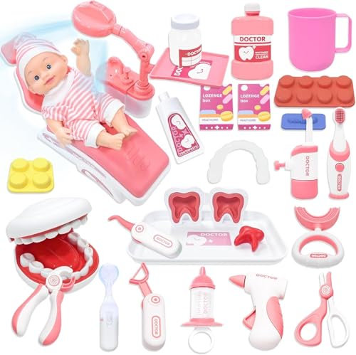 VBACALA 29 CPS Zahnarzt Spielzeug Kinder,Arztkoffer Kinders,Arztkoffer Kinder ab 3 Jahre,Doktorspiele Rollenspiel Spielzeug Set,Jungen und Mädchen (Rosa)