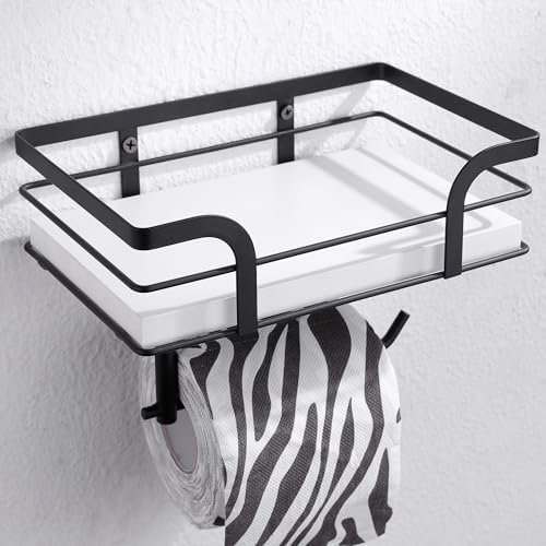 AIDILI Porte Papier Toilette en Boi, Support Papier Toilette avec Etagere, sans Perçage, Rustique Porte Rouleau, Distributeur Papier Toilette, Blanc