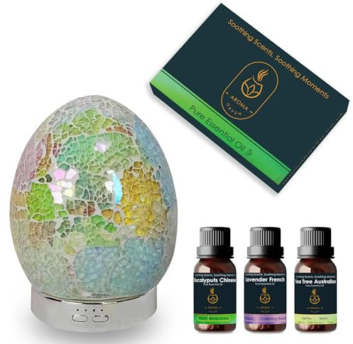 Aroma Haven Luxe Oval S3 Aroma Diffuser 120ml LED Ultrasonic Essential Oil Diffuser for Relaxation, Ambiance, and Aromatherapy Waterless Auto Shut-Off, 7 LED Light Colours (Pearl Frost + Oils)