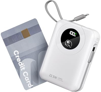 Built-in Cable 20000mAh Power Bank: 22.5W Fast Charging External Battery for Mobile Phone, USB C (Input & Output) Battery Pack, Portable Charger with 4 Outputs & 2 Inputs-White