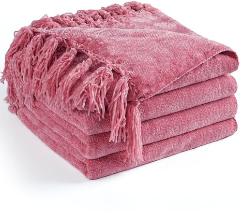 Long Create Chenille-Überwurfdecke für Couch, 152 x 203 cm cm, weich, gemütlich, Überwurf mit Fransenquaste für Bett, Sofa, Stuhl, leicht, gestrickt, dekorative Boho-Decken für Wohnzimmer, Rosenrosa