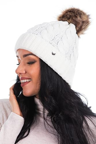 HEYO Gestrickte Damen-Wintermütze mit großem Kunstfellbommel HCD006 (DE/NL/SE/PL, Alphanumerisch, Einheitsgröße, Ecru)