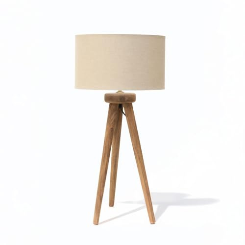 Arthur Cameron - Pill Rustic Reading Lamp with Tripod Base, Made from Mango Wood with a Beige Linen Drum Shade