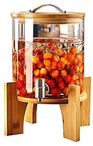 ZHZXBDGQ Distributeur de boissons avec robinet en acier inoxydable, distributeur de jus, bouteille de boisson en verre avec support en bois, carafe en verre transparent de grande capacité, 5 l