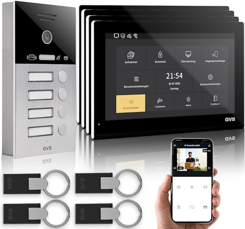 GVS - IP Video Türsprechanlage 4 Familienhaus mit Türöffner (RFID), HD Kamera, 4X 10 Zoll Monitor & App - Smarte Video Türklingel mit Kamera & Gegensprechanlage (AVS5527A)
