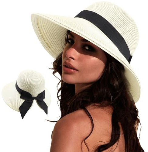 DRESHOW Sonnenhüte für Damen Reise Fedora Faltbarer Strand Sonnenhut Sommer Breite Krempe Stroh Eimer Hut mit Bowknot UPF 50+