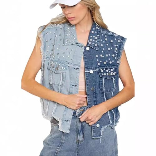 Generisch Gilet en jean pour femme avec empiècement en perles et boutonnière, sans manches, veste courte en jean pour femme enceinte robe de Noël, bleu, XL