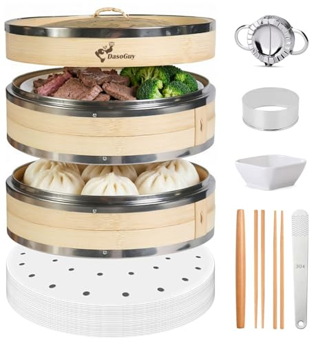 Bamboo Steamer Basket with Stainless Steel Rim 12 Inch Dumpling Steamer Kit | 2 Tiers with Lid, 50 Liners Chopsticks Sauce Dish Dumpling Makers, Steaming Asian Food Bao Bun Dim Sum Rice Veggies Steam Pot