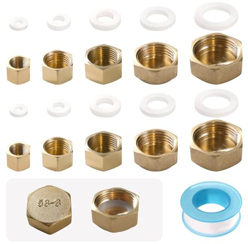 Lyeteung 10 Pezzi G1/8 G1/4 G3/8 G1/2 G3/4 Tappo in Ottone Filettatura Femmina, Tappi Cieco Ottone, con Nastro Materia Prima, per Rubinetti Impianto Idraulico