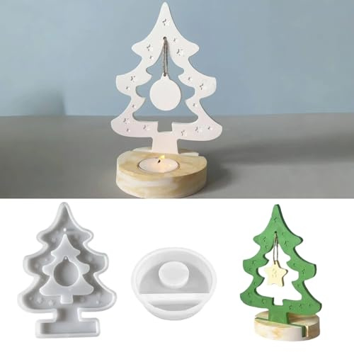 Silikonformen Gießformen Weihnachten Einschieber, Weihnachtsbaum Silikonform Weihnachten Kerzenhalter, Giessformen Silikon Gießform Epoxidharz Weihnachten für Teelichthalter Handwerk (Mit Sockel)