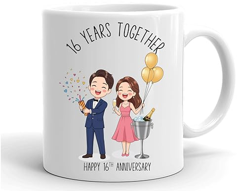 VIROSA 16 Years Crystal Anniversary Mug – 11oz Ceramic Coffee Cup Gift for Husband, Wife, Couples – Sixteenth Wedding Anniversary Present Idea, Romantic Keepsake