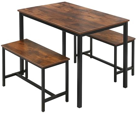 Relaxdays Esstisch Set, 2 Bänke, Essgruppe, Tisch HBT 75 x 110 x 60 cm, Küchenbank HBT 50 x 30 x 97 cm, braun/schwarz