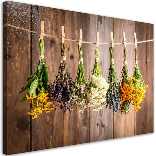 Feeby Wandbilder - Bilder Esszimmer - Hängende getrocknete Kräuter Gewürze - 60x40 1tlg - Küche Bild Groß - Wohnungs - Foto Geschenk - Leinwand Wall Art - Wand Deko