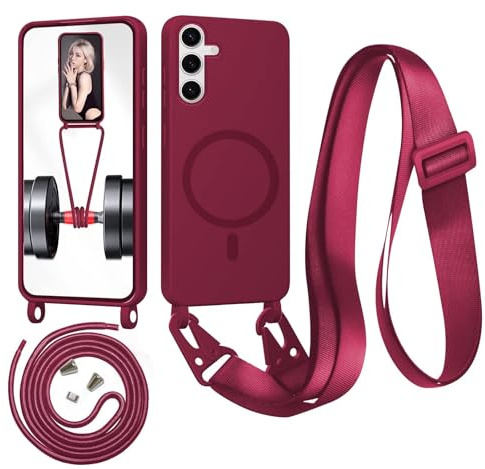 Belzsxy Magnétique Coque pour Samsung Galaxy S25/S24 avec Cordon,Compatible avec MagSafe,Etui Silicone Liquide Housse Fine Antichoc, Réglable Collier Lanière Étui Portable Lanyard Case,Rouge