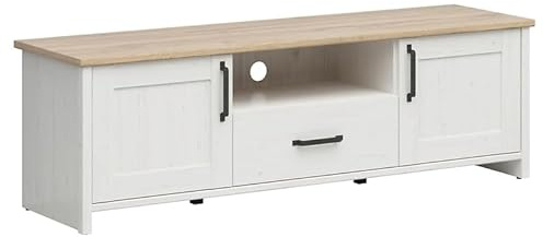 PEGANE Meuble TV avec 2 Portes et Un tiroir, Coloris Blanc pin Andersen/Chêne Clair - Longueur 160 x Profondeur 44 x Hauteur 50,5 cm