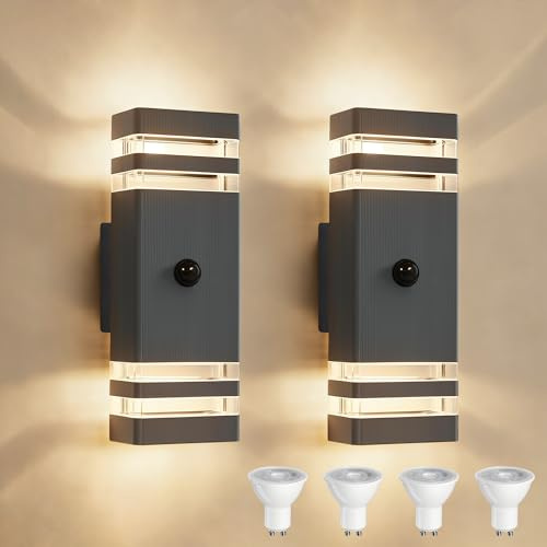 YOVGQOLV PIR Außenlampe mit Bewegungsmelder Up and Down GU10 230V | IP54 Wasserdichte Wandleuchte Aussen mit 4×5W GU10 Glühbirne(3000 K),LED Aluminium Aussenleuchten Hauswand,Anthrazit 2 Stück