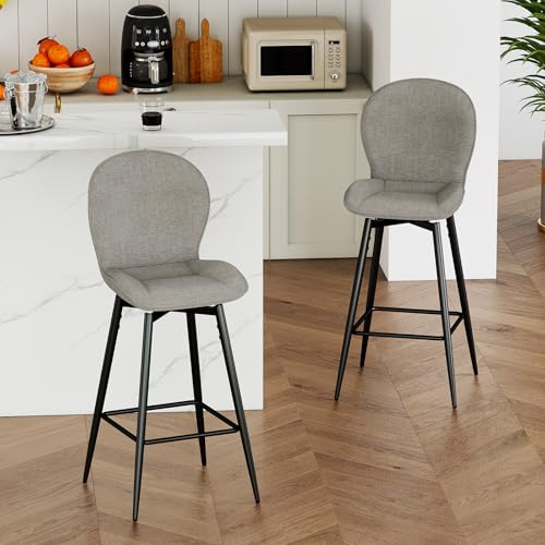 LEWE Juego de 2 Taburetes Altos de Bar, 75 cm Altura del Asiento, Giratorio 360° Sillas Altas de Cocina con Respaldo Acolchado de Tela, Metálica Reposapiés, para Bar, Comedor, Salón-Moca