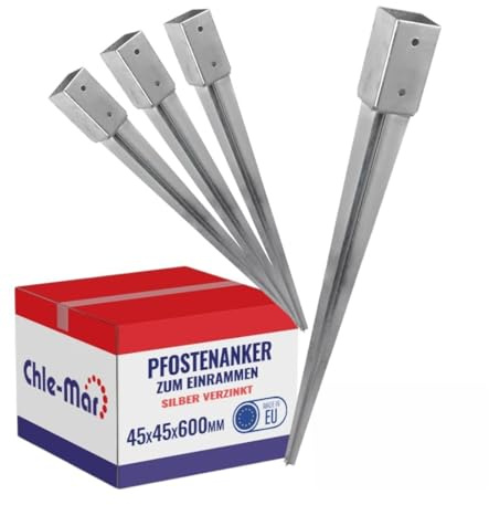 Chle-Mar 4x Pfostenträger Einschlaghülse 45x600 mm, Stabile Bodenhülse | aus Metall 3 mm, für Holzpfosten, Einschlagbodenhülse / Bodenanker / Pfostenanker für Zaun, Pergola & Konstruktionen