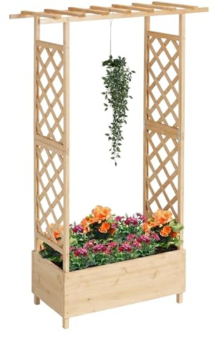 Relaxdays Blumenkasten mit Rankgitter & Dach, HBT: 183x110x44 cm, Pflanzkübel mit Spalier, Balkon & Garten, Holz, Natur