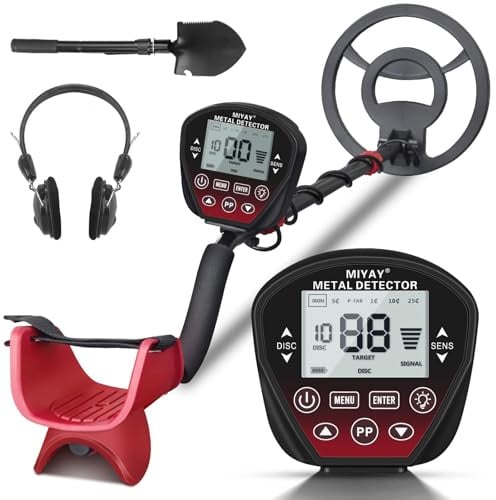 Metal Detector Professionali, Metaldetector Portatile per Adulti, Bobina di Ricerca Impermeabile da 10, Display LCD, 5 modalità (Rosso)