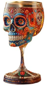 Limited Edition Day of the Dead Goblet, Handcrafted Art Glass Skull Wine Chalice, Gothic Floral Skeleton Design, Decorative Cup for Home, Bar and Altar (1pc)