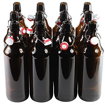 Botellas con tapón mecánico - 12 botellas con tapón mecánico para cerveza de cristal marrón , vidrio, 1.000 ml