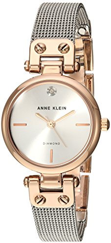Anne Klein Women's Genuine Diamond Dial Gold-Tone Mesh Bracelet Watch Silver/Rose Gold