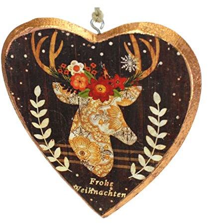 2 Herzen Holz mit Hirschmotiv Holzherz Metall Anhänger 9x14cm Weihnachtsschmuck Herbst Wald Bayern Rustikal Weihnachten Dekoration Christbaumschmuck