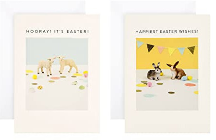 Hallmark Osterkarten Multipack, 10 Stück Osterkarten, niedliche Lämmer & Hasen, Weiß, Gold, Blau