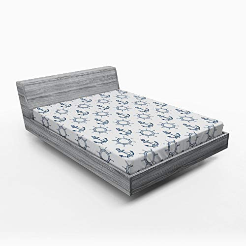 ABAKUHAUS Anker Spannbetttuch, Retro maritimes Design, Soft Dekorativer Stoff Bettwäsche Rund-um Elastischer Gummizug, 140 x 200 cm, Marineblau Weiß