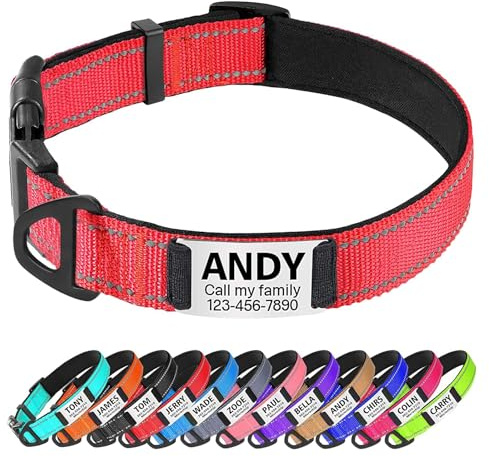 TagME Hundehalsband personalisiert, Reflektierendes gepolstertes Nylon Hundehalsband für Welpen mit Namen und Telefonnummer