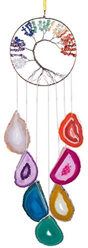 SUNYIK Baum des Lebens, Achatscheiben-Windspiel, handgefertigt, 7 Chakra-Steine, Heilkristall, Windspiel für Innen- und Außenbereich, Dekoration, Ornament, 61 - 68 cm, 7 Chakren
