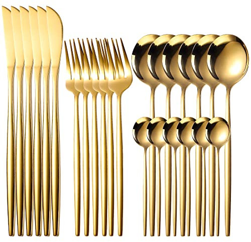 Gold Cutlery Set, 24-Piece Home Safety Stainless Steel Silverware Set, Mirror Polishing Flatware Set Service for 6, Includes Knives, Forks, Spoons, Dishwasher Safe, with Premium Box (Classical Gold)