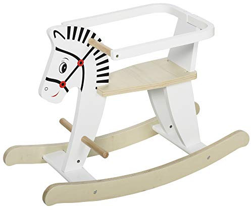 HOMCOM Cavallo a Dondolo Classico in Legno per Bambini 1-3 Anni con Bordo, Maniglie e Poggiapiedi, 68x26.5x48cm, Bianco