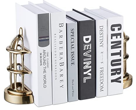 Relaxdays Buchstütze Vogelkäfig, 2er Set, dekorative Bücherhalterung für Regale, Metall, HxBxT: 20 x 7 x 11,5 cm, Gold