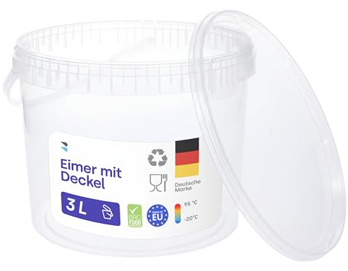 BenBow Eimer mit Deckel 3l transparent 1000x 3 Liter - lebensmittelecht, stabil, luftdicht - Plastikeimer mit Henkel - leer