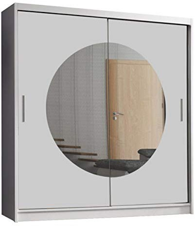 MN Furniture Modern Double Sliding Door Wardrobe 2 Mirrored Hanging Rails & Shelves Storage Cabinet for Bedroom (203cm, Moon White)